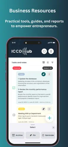 ICCD Hub — بطاقة المتجر الخاصة بموارد الأعمال، وتُظهر قائمة المهام والملاحظات داخل التطبيق