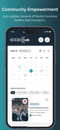 ICCD Hub — بطاقة المتجر الخاصة بفعاليات المجتمع، وتُظهر التقويم والفعاليات القادمة داخل التطبيق