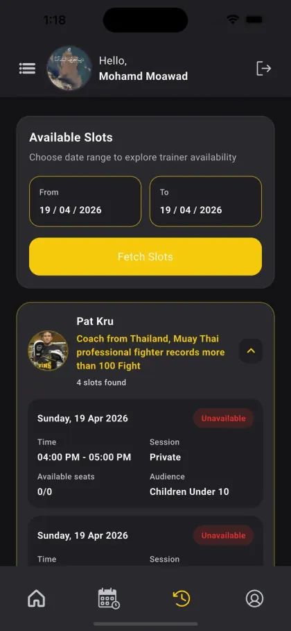 تطبيق Q-Fight Gym — البحث عن مواعيد المدرب المتاحة ضمن نطاق تاريخي، مع وقت كل موعد ونوعه والمقاعد المتاحة فيه