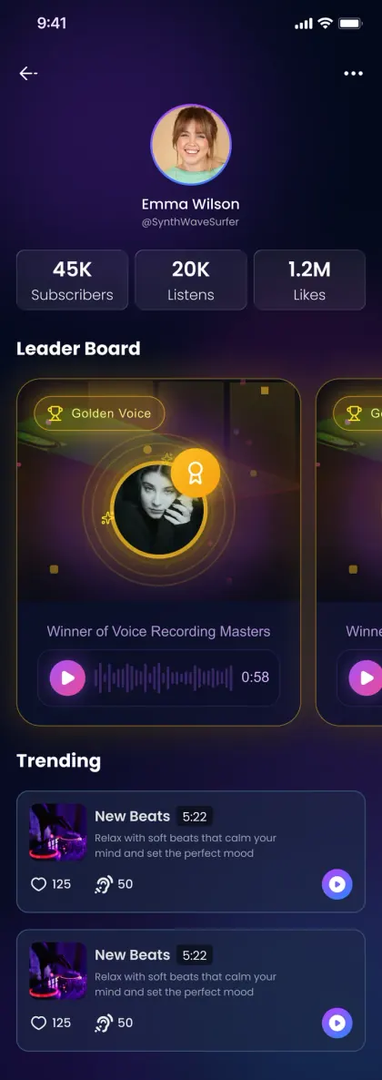 تطبيق Voicers — ملف صانع محتوى بعدد المشتركين ومرات الاستماع والإعجابات، ولوحة صدارة لأفضل الملاحظات الصوتية وقائمة الرائج